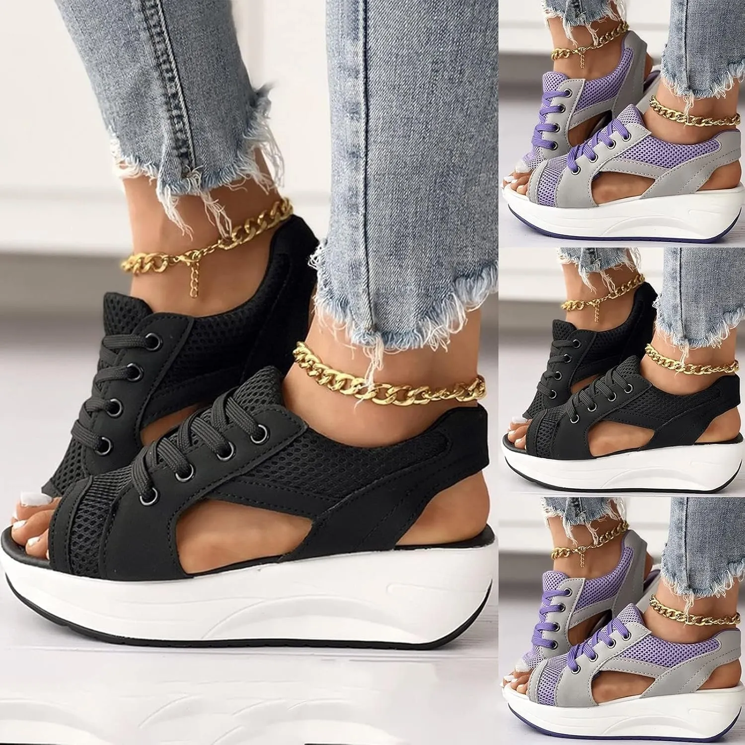 ZDLJYL Women Contrast Paneled Cutout Lace-Up Muffin Sandals,Women Causal Summer Toe Platform Sandals Sport Wedges Sandals