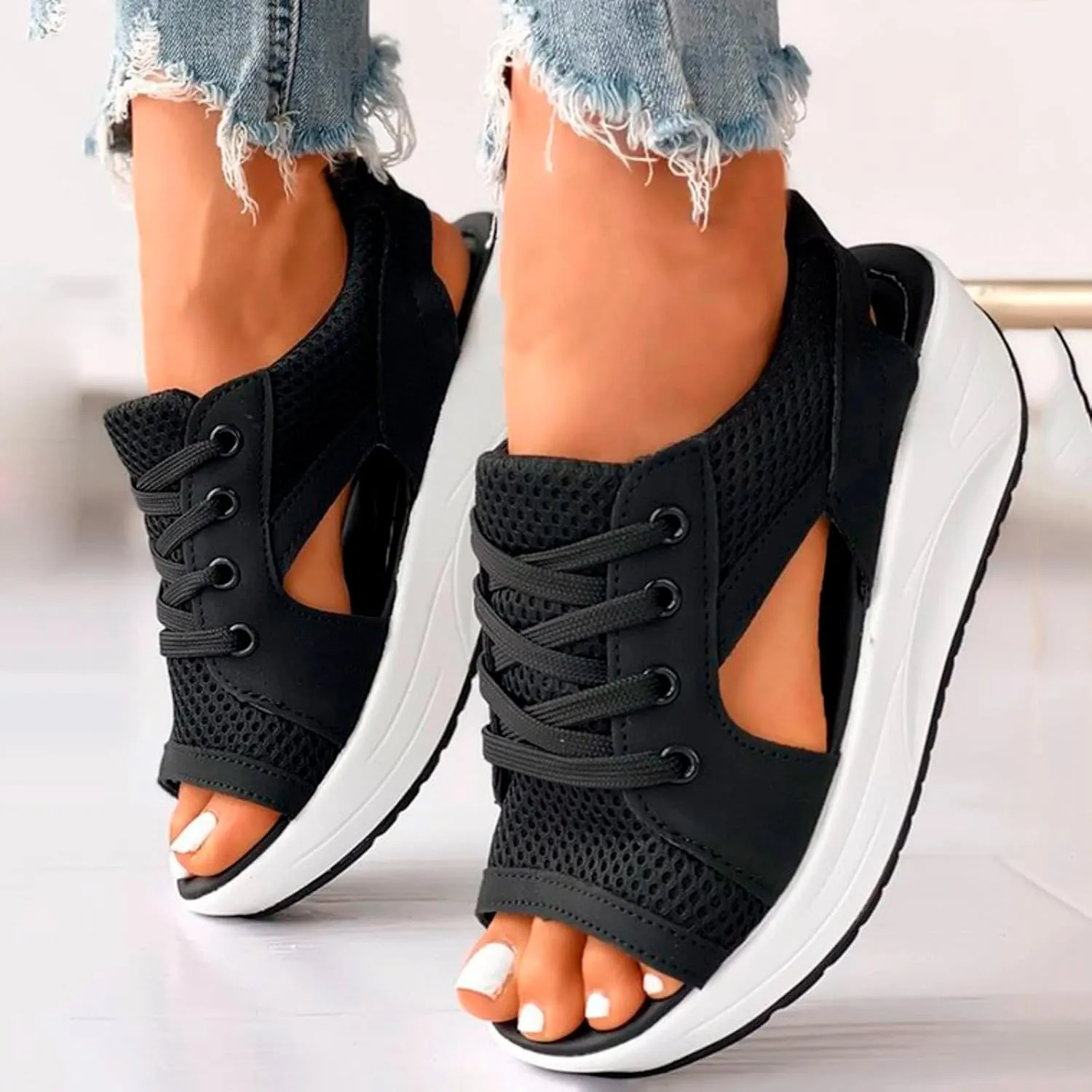 ZDLJYL Women Contrast Paneled Cutout Lace-Up Muffin Sandals,Women Causal Summer Toe Platform Sandals Sport Wedges Sandals