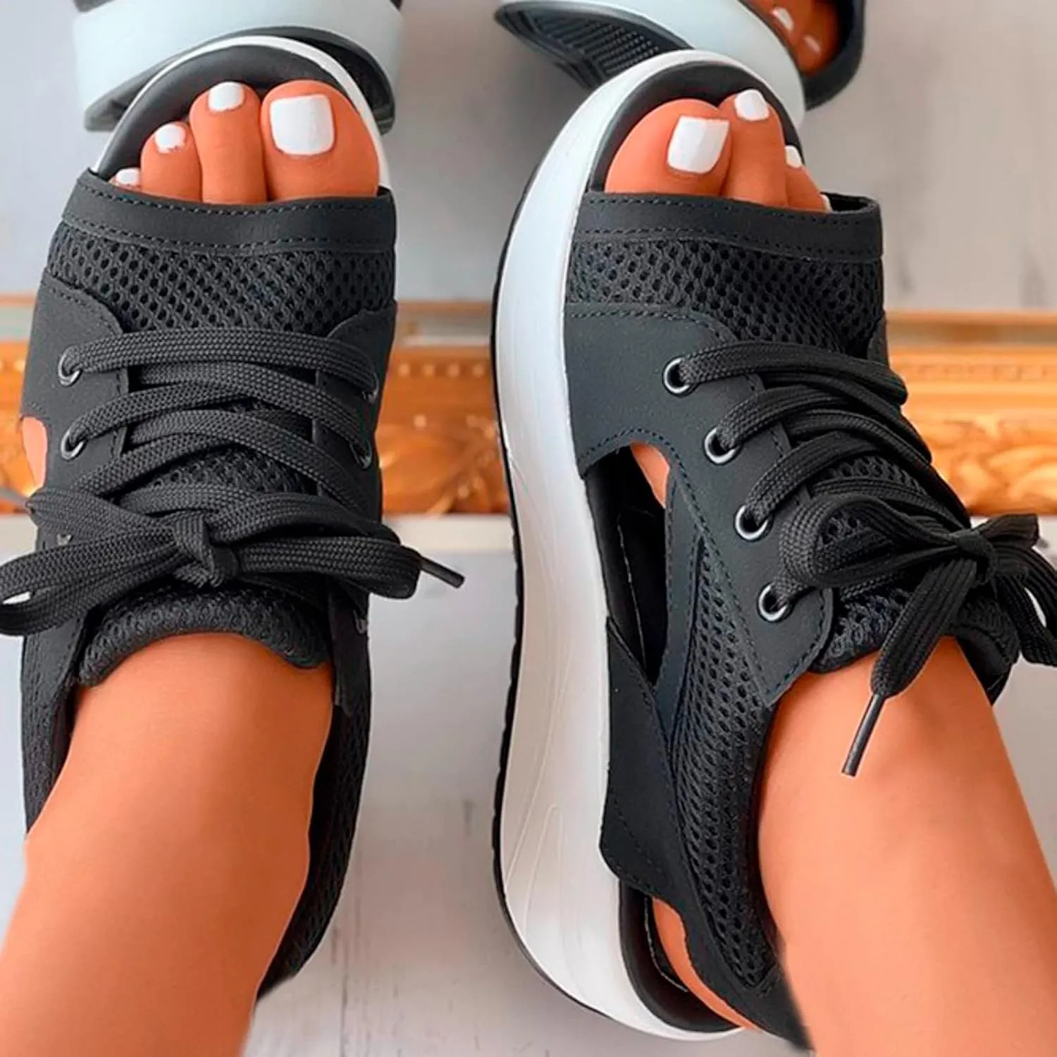 ZDLJYL Women Contrast Paneled Cutout Lace-Up Muffin Sandals,Women Causal Summer Toe Platform Sandals Sport Wedges Sandals