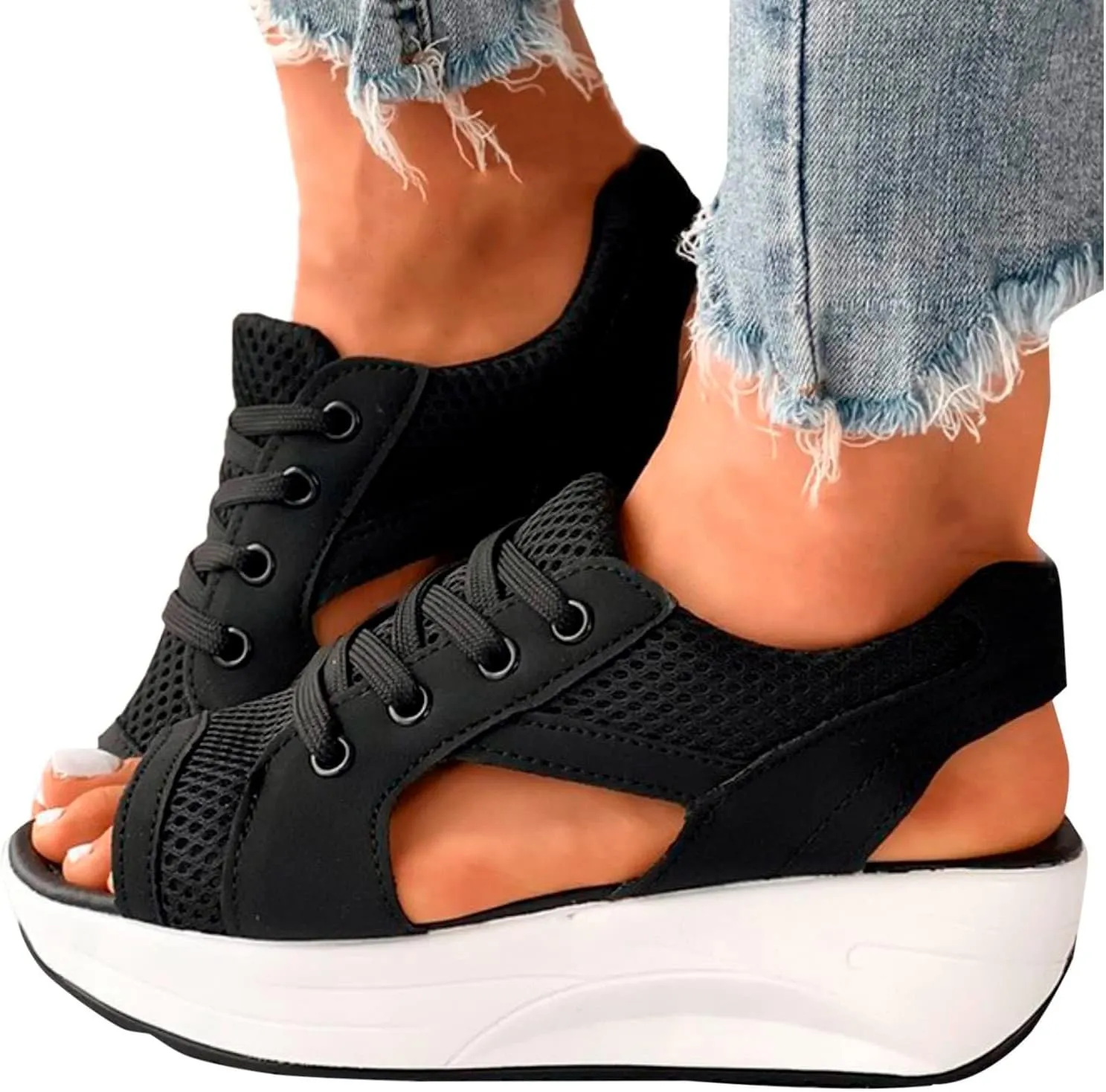 ZDLJYL Women Contrast Paneled Cutout Lace-Up Muffin Sandals,Women Causal Summer Toe Platform Sandals Sport Wedges Sandals